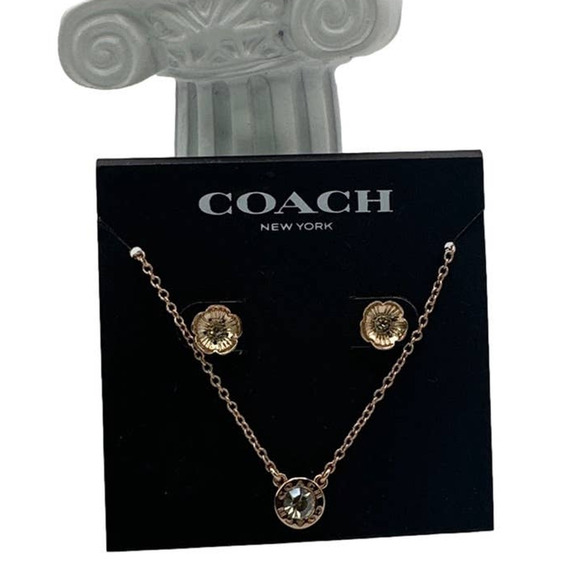 NWT COACH Signature Rose Gold Tone Floral Earrings Studs and Necklace Set - Picture 1 of 5